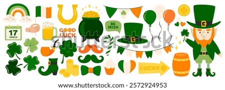 St. Patrick's day stickers set. Ireland holiday lucky item, fortune symbols, luck shamrock, rainbow, pot gold coins, clover, horseshoe, leprechaun, beer party. Flat Vector illustration isolated