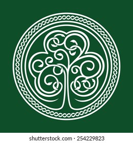 St. Patrick's Day. Stylized Image Of A Shamrock On A Dark Green Background With Celtic Ornament.