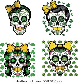 St. Patrick's Day Sugar Skull Artwork with Green Clovers and Yellow Bows vector