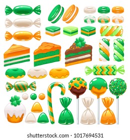 St. Patrick's day sweets set - marshmallow, cream cakes, hard candy, dragee, cake pop, toffee, jelly, donuts, cupcake peppermint candy chocolate vector illustration