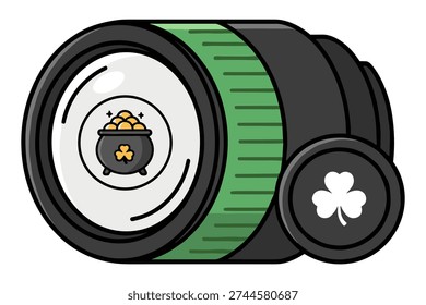 St patricks day symbol, clover coin, pot of gold, camera lens concept, digital art illustration
