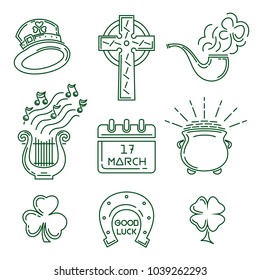 St. Patricks Day symbol collection. Line icon set for St. Patrick's Day. Vector illustration