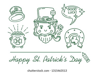 St. Patricks Day symbol collection. Good luck. Line icon set for St. Patrick's Day. Vector illustration