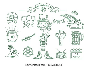 St. Patricks Day symbol collection. Line icon set for St. Patrick's Day. Vector illustration