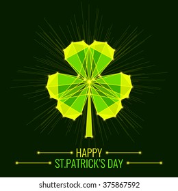 St. Patrick's Day symbol. Creative emerald shamrock for holiday celebration. Green clover leaf with luminous nodes at the intersections of the ribs. Vector illustration.