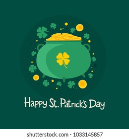 St. Patrick's Day. Symbol Of Irish Holiday Leprechaun Pot With Gold Coins, Clover Leaves And Words 