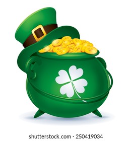 St Patricks Day symbol. Leprechaun hat and pot of gold