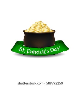 St. Patrick's Day symbol - leprechaun's pot of gold with green ribbon. Isolated on white background. Vector illustration.