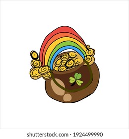 St. Patrick's Day symbol Pot of gold isolated on white background. Vector sketch illustration.