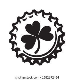 St Patricks Day symbol shamrock clover leaf on beer bottle cap. Vector illustration isolated on white background.