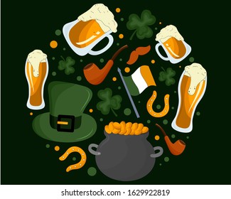 St. Patrick's Day symbols cute illustrations in round shaped composition. Postcard design concept
