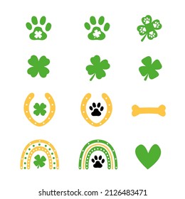 St Patricks Day Symbols for dogs. Paw Prints, bone, horseshoe, rainbow, four leaf clover. Great decorative elements for dog bandana or pet shirt. Vector simple icons isolated.