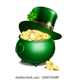 St. Patricks Day symbols. Green leprechaun hat with clover leaf on pot full of gold. Vector illustration isolated on white background