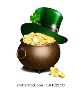 St. Patricks Day symbols. Green leprechaun hat with clover leaf on old iron pot full of gold. Vector illustration isolated on white background