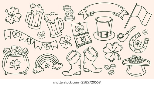 St. Patrick's Day symbols, hand drawn doodles, collection of elements including shamrocks, beer mugs, leprechaun hat, gold coins, rainbow. Vector illustration, for holiday decorations, cards