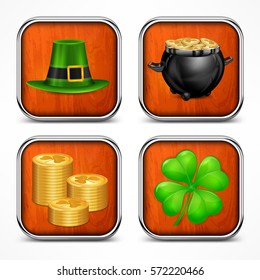 St. Patrick`s Day symbols, hat, clover, pot and treasure on wooden. National Irish Patrick day design elements. Vector  icons illustration