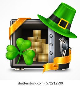 St. Patrick`s Day symbols, hat, clover, and gold coins in safe. National Irish Patrick day design elements. Vector design illustration