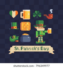 St. Patrick's day symbols icons set. Pixel art 80's style. Leprechaun with a mug of beer. Traditional Irish holiday. Greeting card or invitation design elements. Isolated vector illustration.