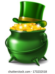 St. Patrick's Day symbols - leprechaun hat and pot of gold.  Vector illustration