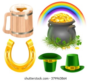 St. Patrick's Day Symbols. Mug of irish beer, rainbow, leprechaun hat, pot coins, golden horseshoe. Isolated on white vector illustration