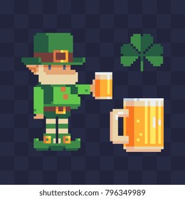 St. Patrick's day symbols. Pixel art set. Leprechaun with a mug of beer. Traditional Irish holiday. Greeting card or invitation design elements. Isolated vector illustration.