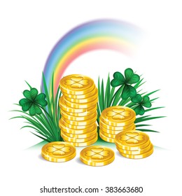 St. Patrick's Day symbols, rainbow and gold coins. Vector illustration