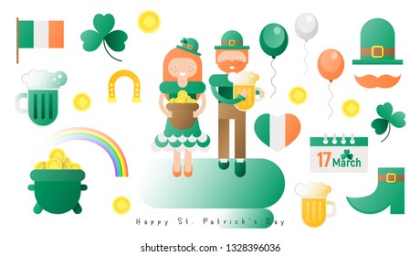 St. Patricks Day Symbols. Saint Patrick’s Day - Flat Icon Set. Colors of Irish Flag. Vector Illustration.