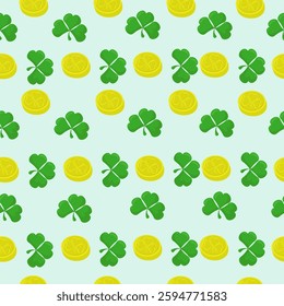 St. Patrick's Day symbols seamless pattern, clover leaves and coins vector illustration on a light green background