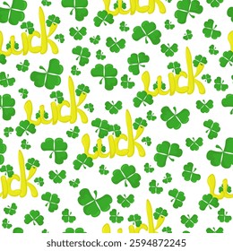 St. Patrick's Day symbols seamless pattern, clover leaves and good luck inscription on white background vector illustration