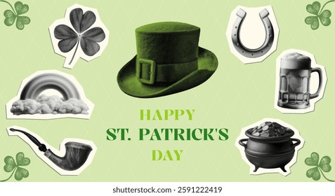 St. Patrick's Day symbols set with shamrock clover horseshoe beer mug gold pot smoking pipe hat rainbow clouds halftone dotted collage element isolated March 17th greeting card light green background