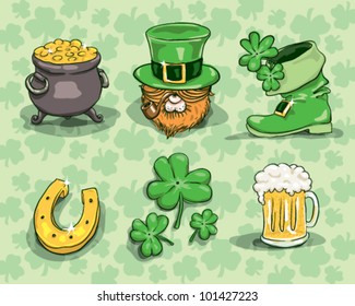 St. Patrick's day symbols - vector set isolated on shamrock background