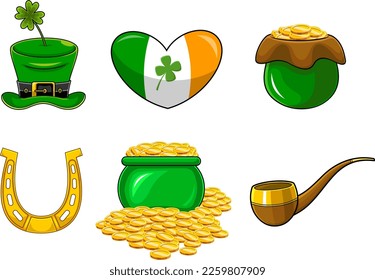 St. Patrick's Day Symbols. Vector Hand Drawn Collection Set Isolated On Transparent Background