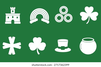 St Patricks Dia Símbolos Vetor Design com Castelo Arco-íris e Shamrocks