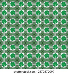 St. Patrick's Day tartan pattern with four leaf clover. Bold texture or background for printing on fabric and paper. Green colors on white. Geometric ornament with floral elements. Vector design