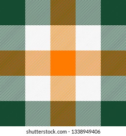 St. Patricks day tartan plaid. Scottish pattern in green, orange and white cage. Scottish cage. Traditional Scottish checkered background. Fabric texture. Vector illustration