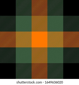 St. Patricks day tartan plaid. Scottish pattern in green, black and orange cage. Scottish cage. Traditional Scottish checkered background. Seamless fabric texture. Vector illustration