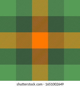 St. Patricks day tartan plaid. Scottish pattern in green and orange cage. Scottish cage. Traditional Scottish checkered background. Seamless fabric texture. Vector illustration