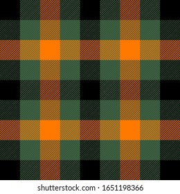 St. Patricks day tartan plaid. Scottish pattern in green, black and orange cage. Scottish cage. Traditional Scottish checkered background. Fabric texture. Vector illustration
