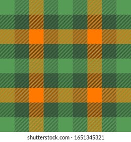 St. Patricks day tartan plaid. Scottish pattern in green and orange cage. Scottish cage. Traditional Scottish checkered background. Seamless fabric texture. Vector illustration