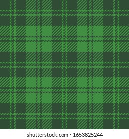 St. Patricks day tartan plaid. Scottish pattern in green and black cage. Scottish cage. Traditional Scottish checkered background. Fabric texture. Vector illustration