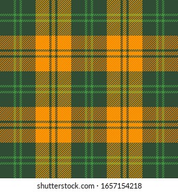 St. Patricks day tartan plaid. Scottish pattern in green and orange cage. Scottish cage. Traditional Scottish checkered background. Fabric texture. Vector illustration