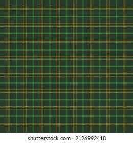 St. Patricks day tartan plaid. Scottish pattern in green, orange and dark green cage. Scottish cage. Traditional Scottish checkered background. Seamless fabric texture. Vector illustration