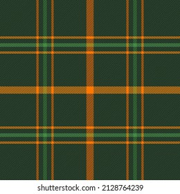 St. Patricks day tartan plaid. Scottish pattern in green, orange and dark green cage. Scottish cage. Traditional Scottish checkered background. Seamless fabric texture. Vector illustration