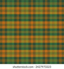 St. Patricks day tartan plaid. Scottish pattern in green and orange cage. Scottish cage. Traditional Scottish checkered background. Seamless fabric texture. Vector illustration