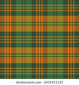 St. Patricks day tartan plaid. Scottish pattern in green and orange cage. Scottish cage. Traditional Scottish checkered background. Seamless fabric texture. Vector illustration