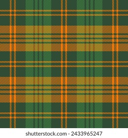 St. Patricks day tartan plaid. Scottish pattern in green and orange cage. Scottish cage. Traditional Scottish checkered background. Seamless fabric texture. Vector illustration