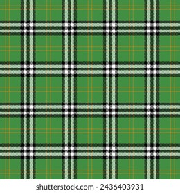 St. Patricks day tartan plaid. Scottish pattern in green, orange and white cage. Scottish cage. Traditional Scottish checkered background. Seamless fabric texture. Vector illustration