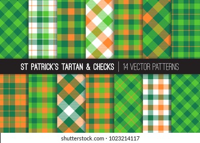 St Patrick's Day Tartan Vector Patterns. Green And Orange Gingham Plaid. Irish Flag Color Backgrounds. Traditional Textile Prints. Repeating Pattern Tile Swatches Included.
