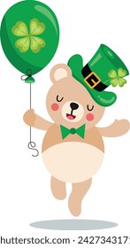 St Patrick's day teddy bear holding a green balloon with clover
