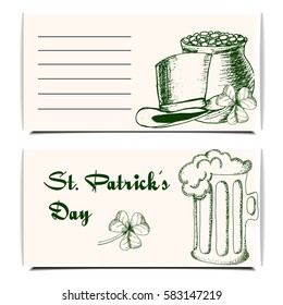 St. Patrick's day  template banner with  clover, hat and pot of gold. Hand drawn ink sketch vector illustration.